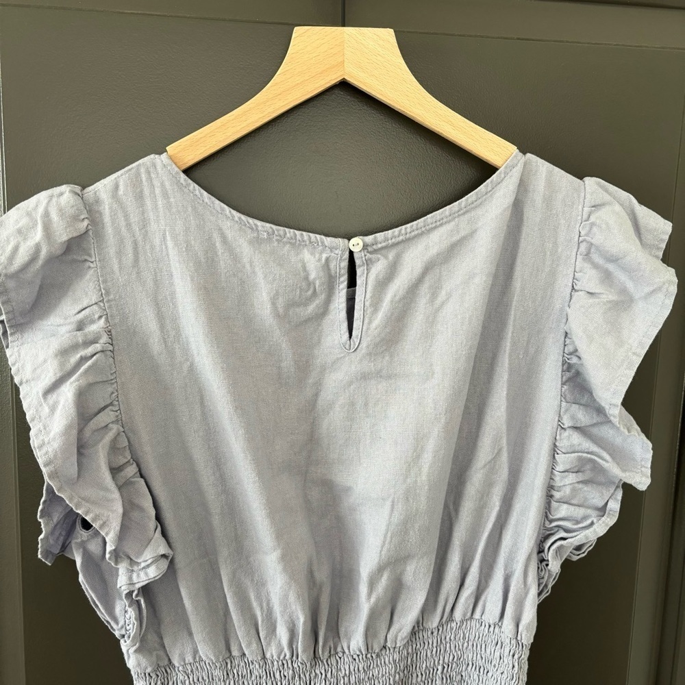 Nicole Miller Linen Lavender Ruffled Sleeveless Cinched Smocked Mini Dress S - Picture 4 of 8